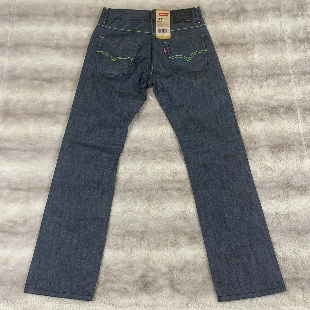 Levis 511‎ Skinny Fit Coated Indigo Neon Green Stitch Jeans 16 Reg 28x28 NEW